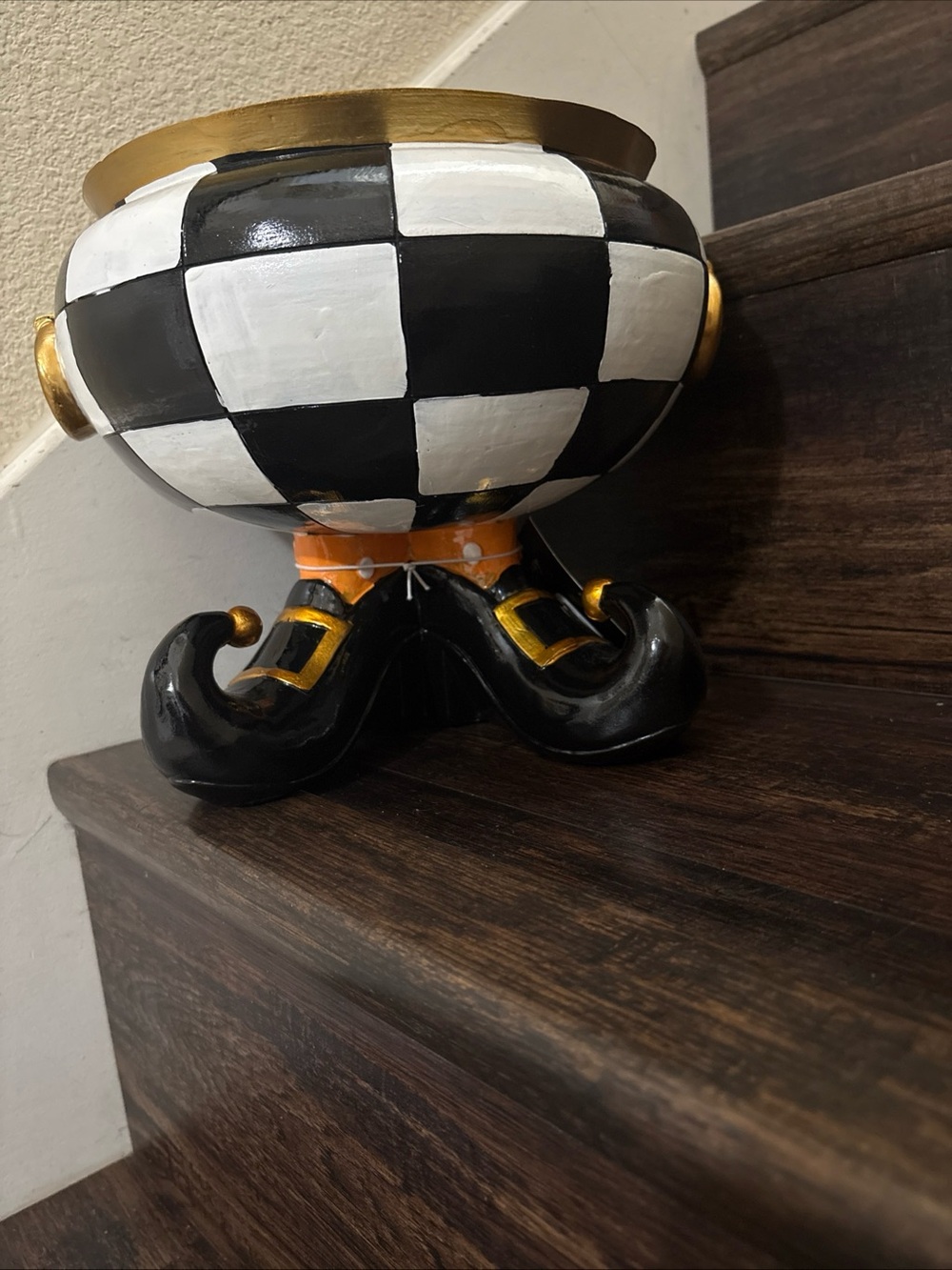 Black & White Checkerboard Footed Bowl with Gold Trim - Picture 3 of 4
